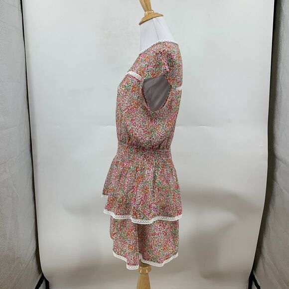 Q + A Cap Sleeve Smocked Mini Dress Womens S Small Ditsy Pink Floral Tiered Lace - Picture 3 of 10